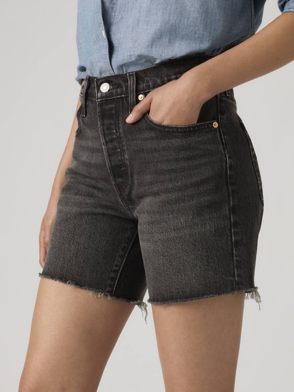 LEVI'S 501 Black wash high waist button fly raw hen denim shorts